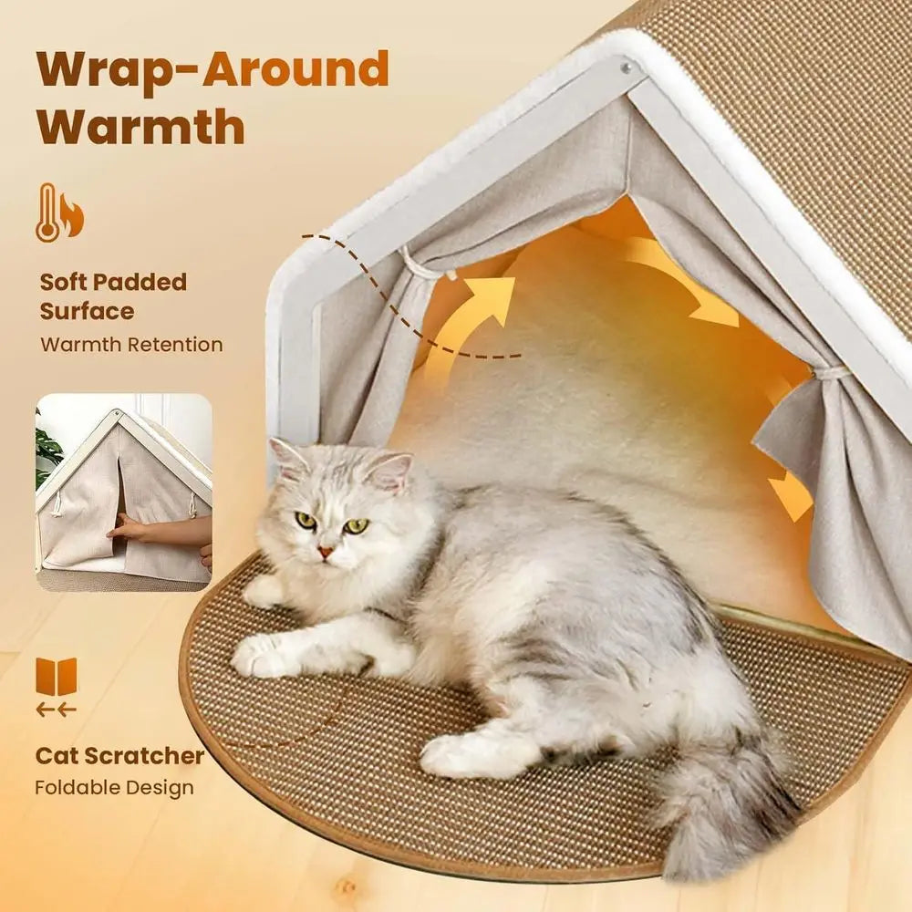Wooden Cat Cave Bed with Sisal Scratcher & Curtains (All-Season)