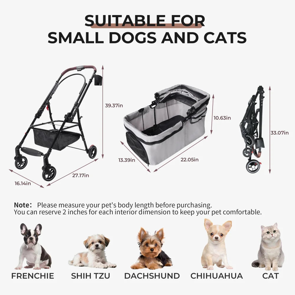 4-Wheel Foldable Pet Stroller for Dogs & Cats with 360° Rotating Wheels, Separable Carrier & Travel Bag for Small Animals
