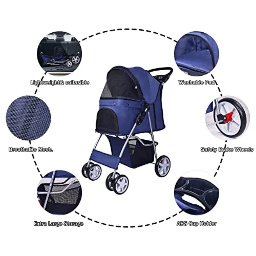 Pet Stroller 4 Wheels Multifunction Dog Cat Stroller Folding Portable Travel Stroller with Detachable Carrier Suitable for Medi