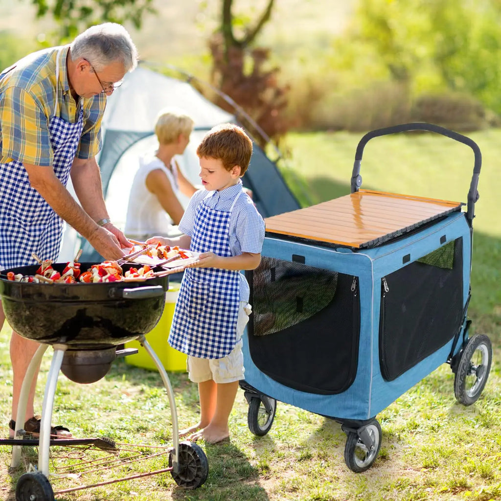 Multifunctional Foldable Camping Cart Large Pet Stroller Trolley with Wooden Table Top Heavy Cart for Outdoor Travel Dog Carrier