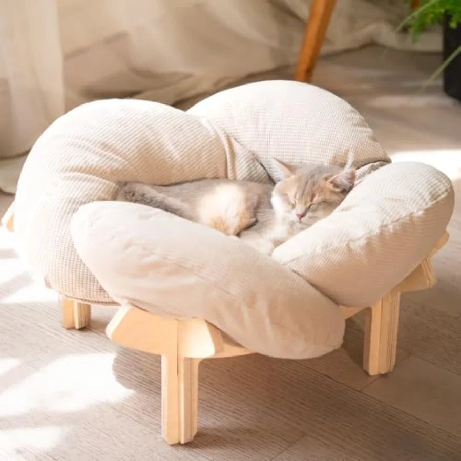 Elevated Wooden Cat Bed with Cushion for Indoor Cats & Small Dogs