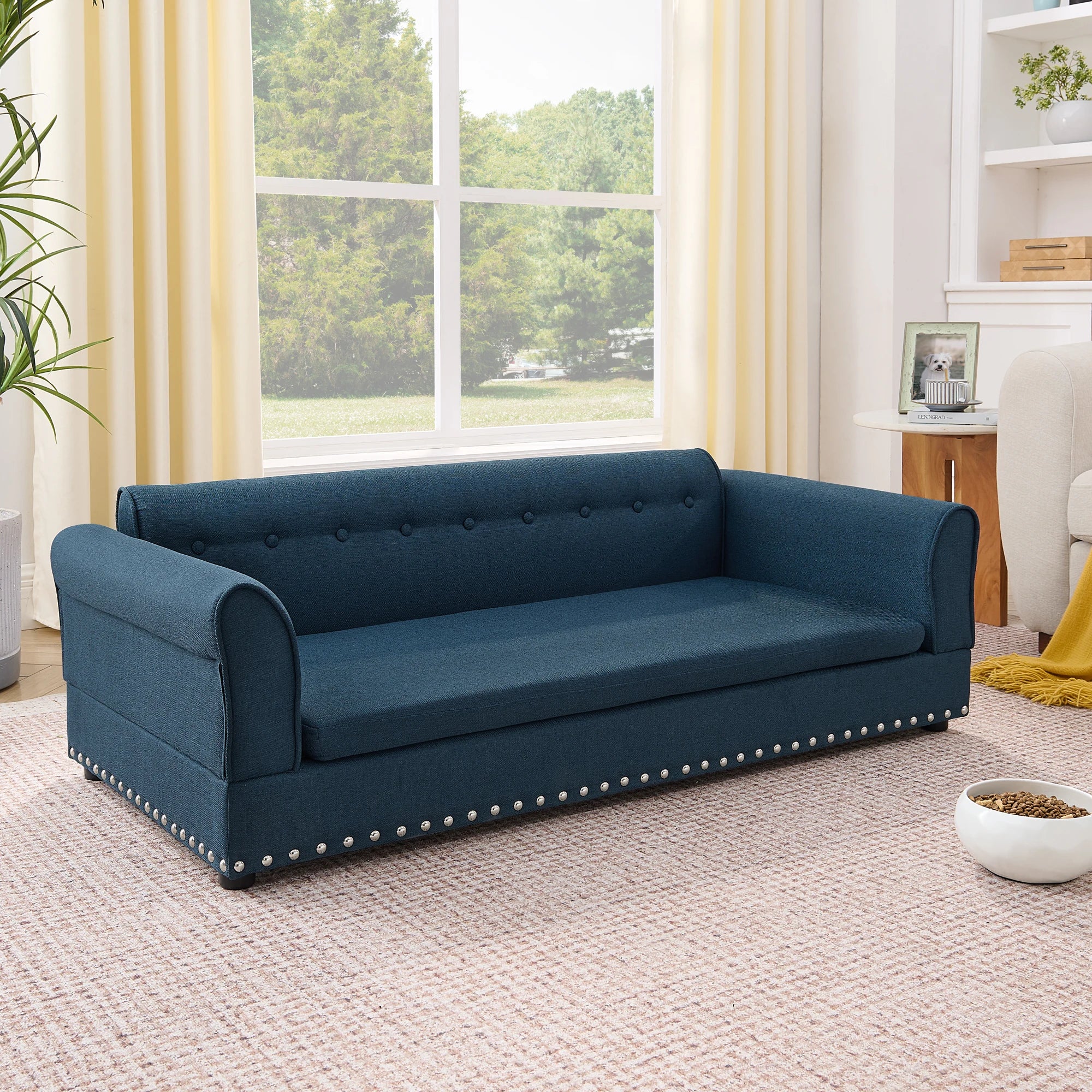 Oversized Linen Pet Sofa Bed with Backrest for Large Dogs (Dark Blue)