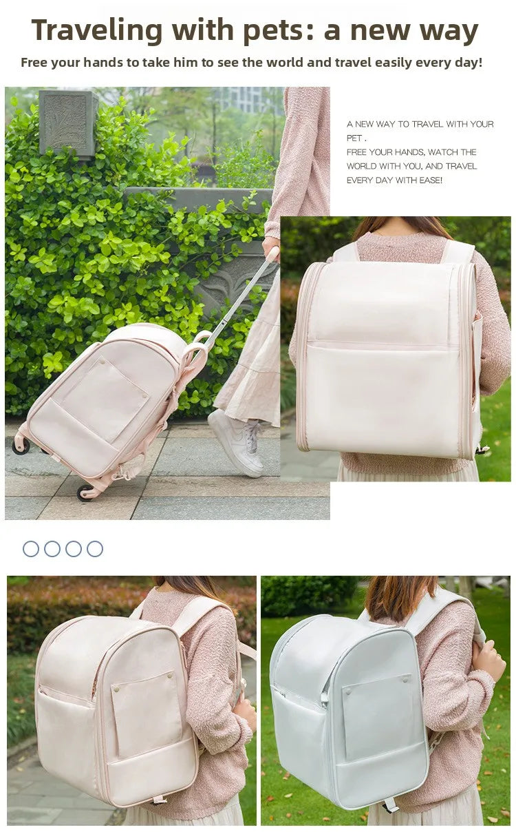 Pet Rolling Backpack Waterproof Oxford Double Shoulder Cat Carrier Foldable Safe House Dog Travel Bag
