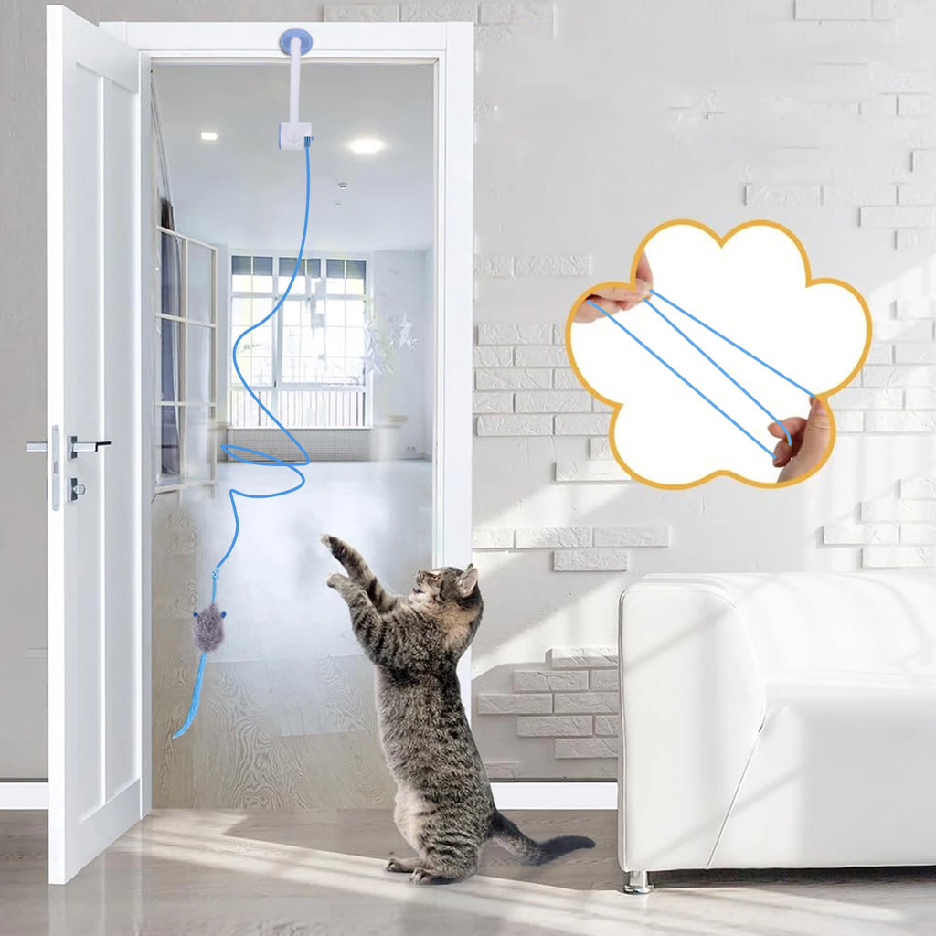 Door-Hanging Auto-Rebound Cat Teaser with 3 Catnip Mice — Retractable Indoor Play Toy