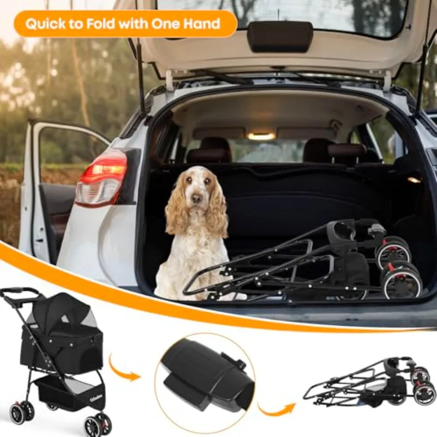 Pet Stroller, Dog Stroller for Small Medium Dogs Cats, 3 Wheels, Foldable, with Breathable Mesh Canopy, Cup Holders, Easy Assem