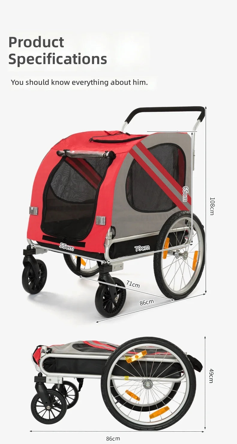 Bike Pet Trailer, 2-in-1 Stroller for Dogs Cats, Large Space, Durable, Easy Ride, Pet Carrier Cart