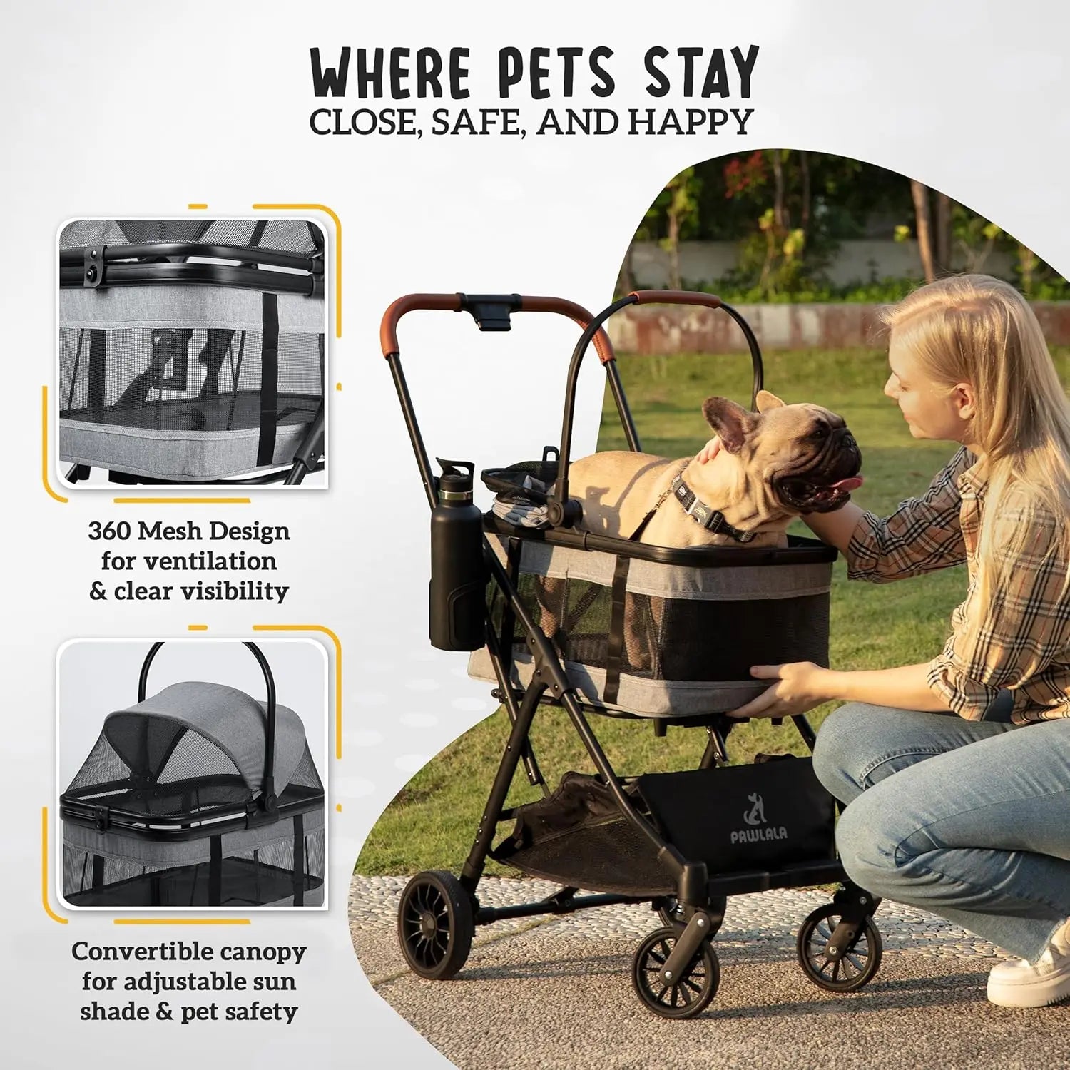 3-in-1 Pet Stroller for Small Dogs & Cats, Compact Fold, All-Terrain Wheels, Gray