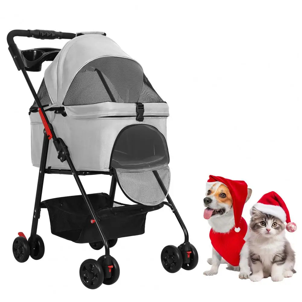 Foldable Pet Stroller, 4 Wheel Dog and Cat Stroller with Removable Carrier, Breathable Mesh Canopy, Storage Basket Cup Holder,