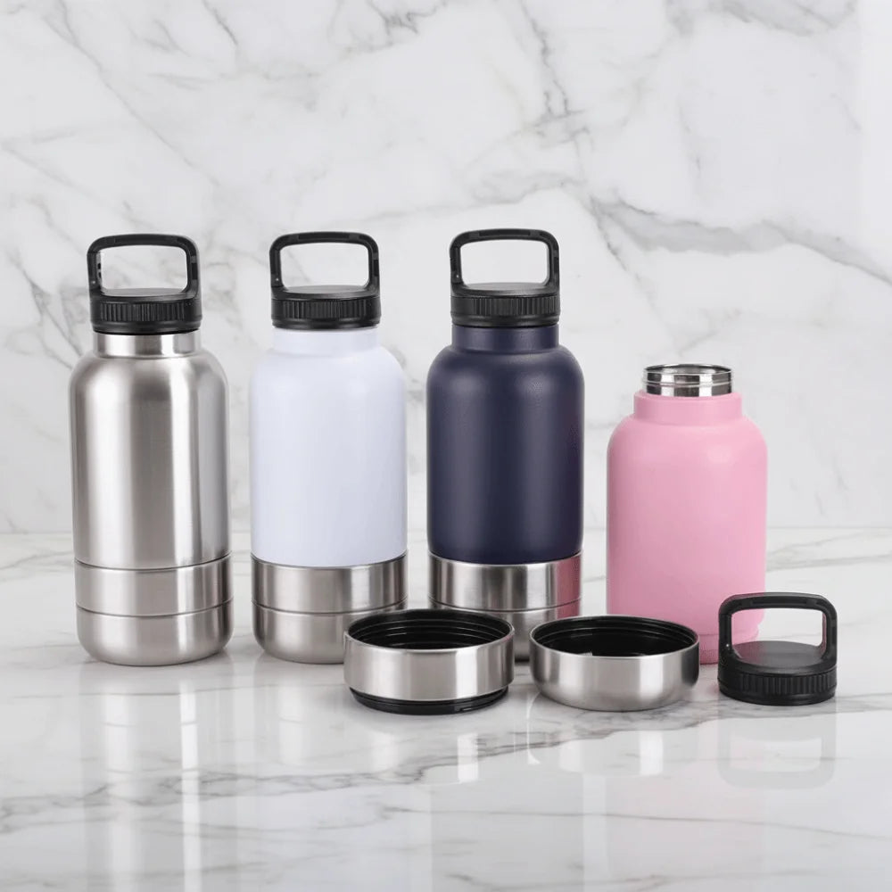 3 in 1 Stainless Steel Pet Water Bottle Multi-layered Detachable Dog Feeding Bottle Leak-proof 32Oz Pet Food Bottle