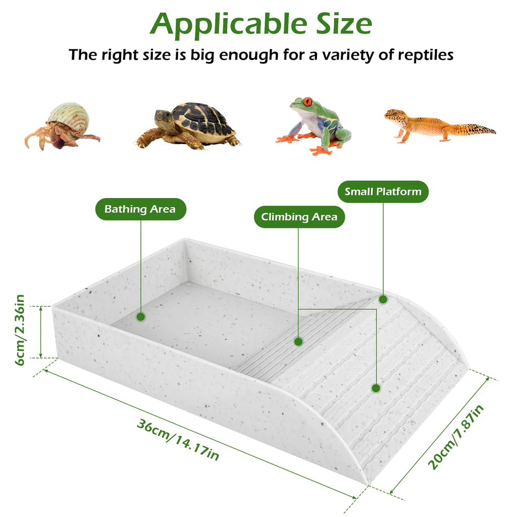 Tortoise Food Dish Plastic Turtle Food and Water Bowl Tortoise Habitat Accessory with Anti-Slip Ramp Turtle Reptile Bathing Pool