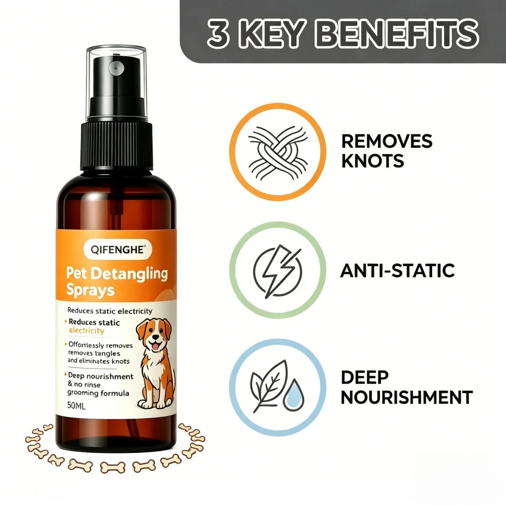 QIFENGHE 50ml Pet Detangling Spray, Leave-In Conditioner for Dogs & Cats, Reduce Static & Eliminate Knots, No-Rinse Grooming Spr