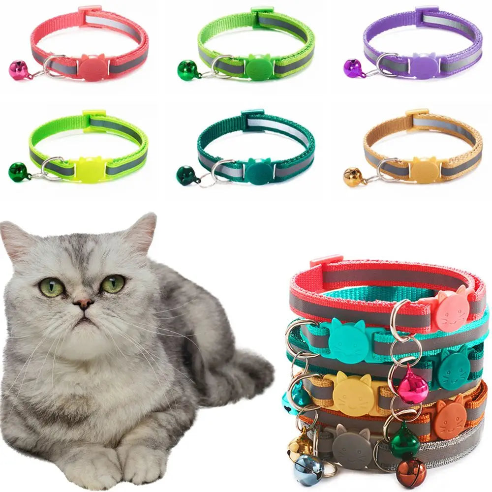 Reflective Cat Head Pattern Cat Collar with Bell — Adjustable Decorative Kitten Neck Strap