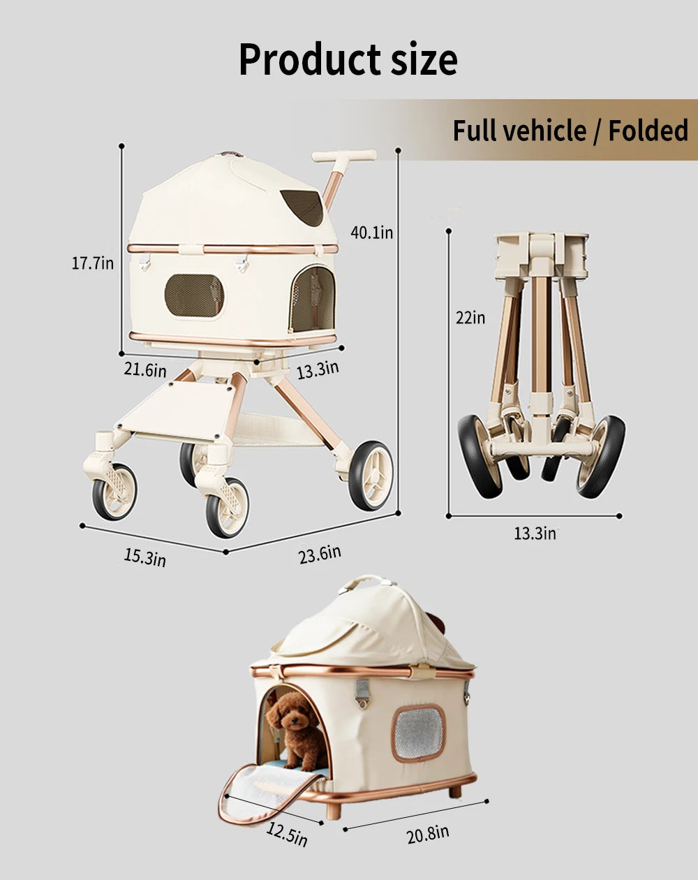 Pet Stroller for Medium Dogs & Cats Up to 55lbs, 2-in-1 Convertible Design with Removable Carrier & One-Click Folding Dog Stroller with 4Wheels