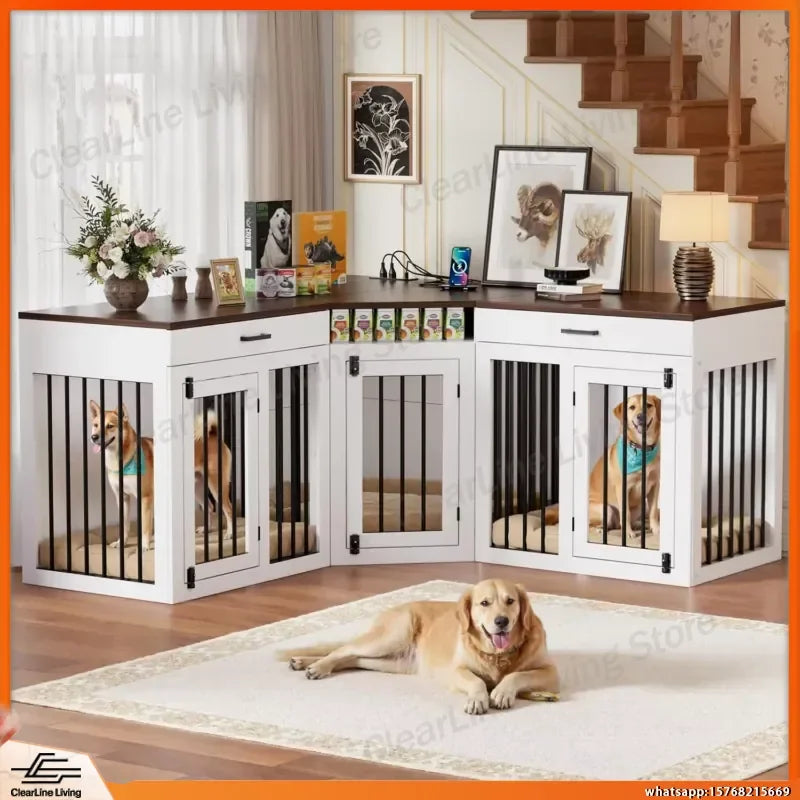 Heavy-Duty Wooden Dog Crate Furniture with Storage Drawers & Power Outlet