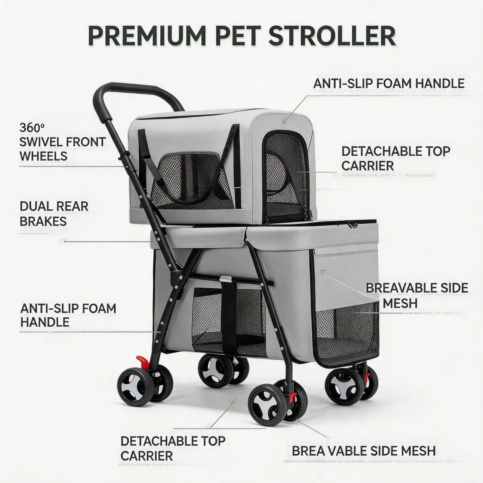 Quick-Folding Double Pet Stroller for Dogs Cats with Detachable Carriers Pet Travel Strolling Cart for Outdoor Daily Walking Use