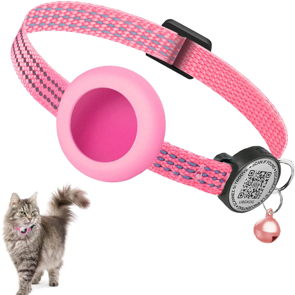 AirTag Cat Collar with Reflective Strip & QR Tag — Adjustable Kitten Collar with Air Tag Holder