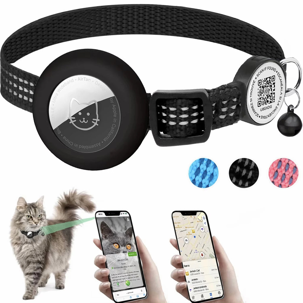 AirTag Cat Collar with Reflective Strip & QR Tag — Adjustable Kitten Collar with Air Tag Holder