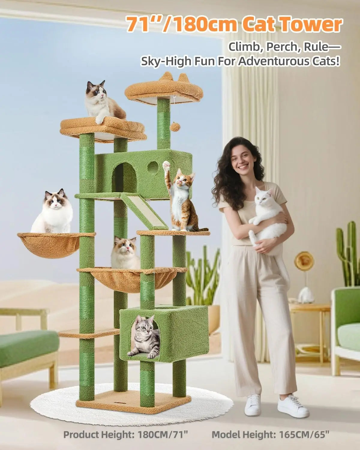71in Multi-Level Cat Tree Tower with 8 Scratching Posts & Hammock
