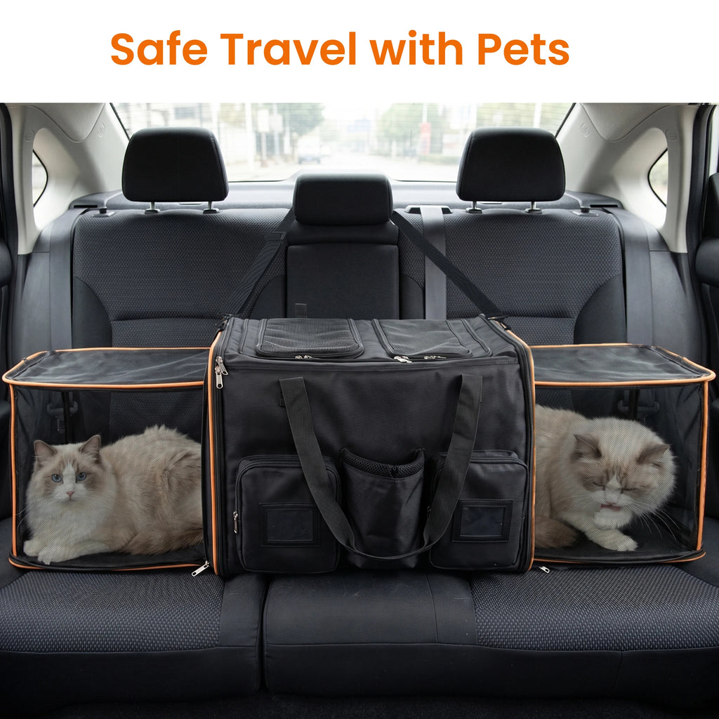 2 in 1 Large Cat Carrier for 2 Cats, Rolling Pet Carrier with Wheels, Expandable Foldable Double Pet Carrier with Removable Divider, Breathable Mesh Oxford, Cat Travel Crate for Car/Camping/Vet, Black