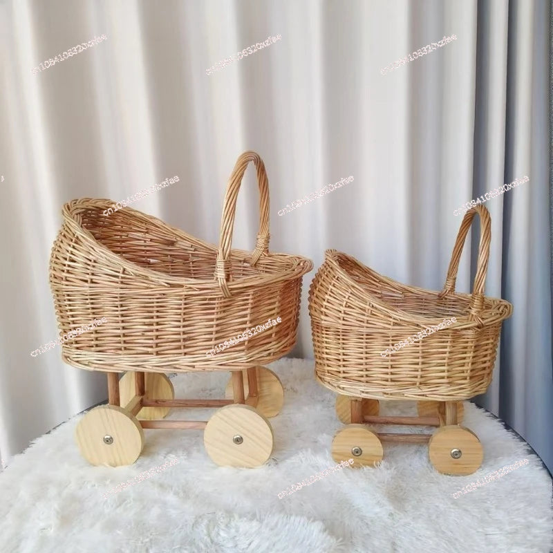 Handwoven Wicker Baby Bassinet Stroller - Multi-Functional Storage Basket for Pets & Infants | Boho Chic Nursery Decor