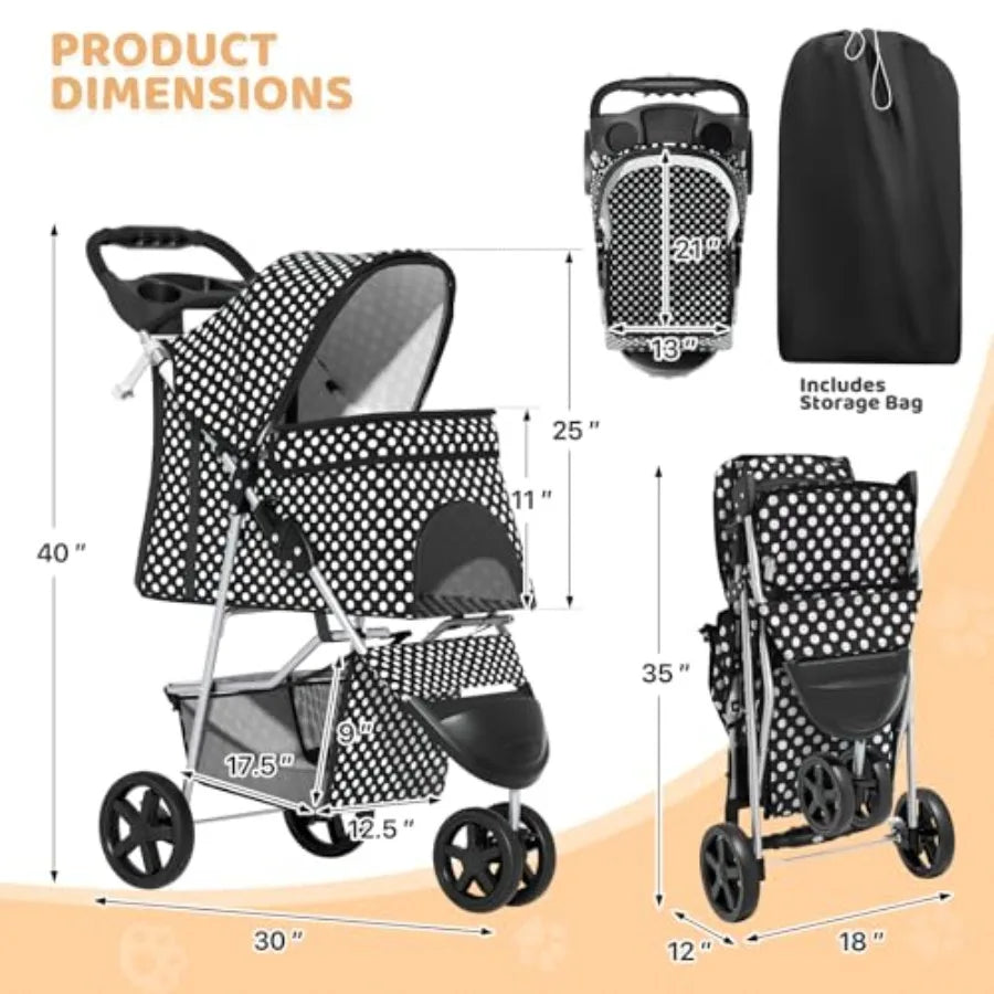 3-Wheel Pet Stroller, Foldable Travel Jogger for Small Medium Dogs Cats Up to 33lbs,Lightweight Carrier with Breathable Mesh Co