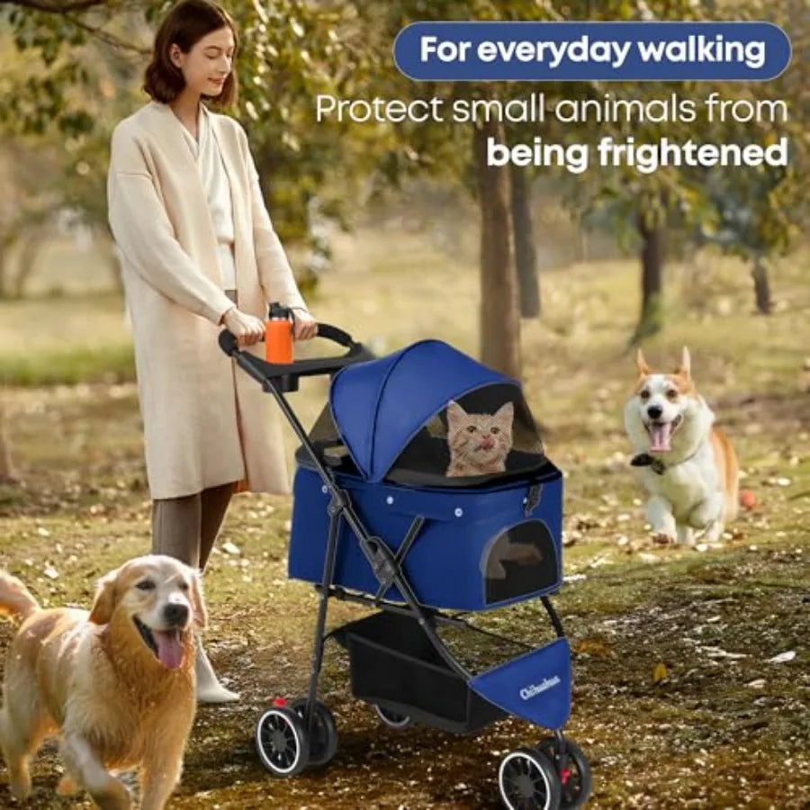 Pet Stroller, Dog Stroller for Small Medium Dogs Cats, 3 Wheels, Foldable, with Breathable Mesh Canopy, Cup Holders, Easy Assem