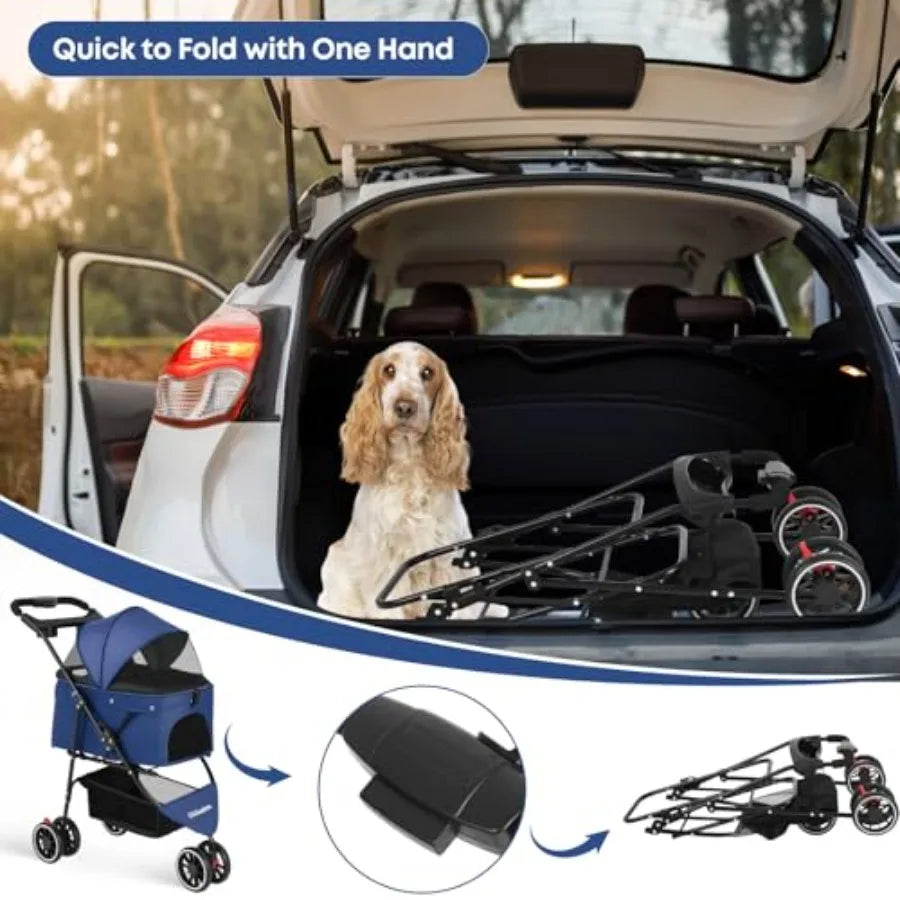Pet Stroller, Dog Stroller for Small Medium Dogs Cats, 3 Wheels, Foldable, with Breathable Mesh Canopy, Cup Holders, Easy Assem