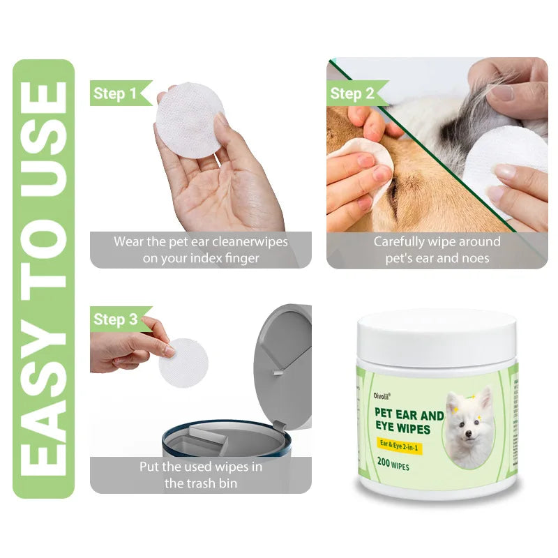 2-in-1 Pet Ear and Eye Wipes, 200 Count Mild Formula,Gentle Cleaning for Dogs and Cats Mite Removal Cat and Dog Ear Eye Cleaning
