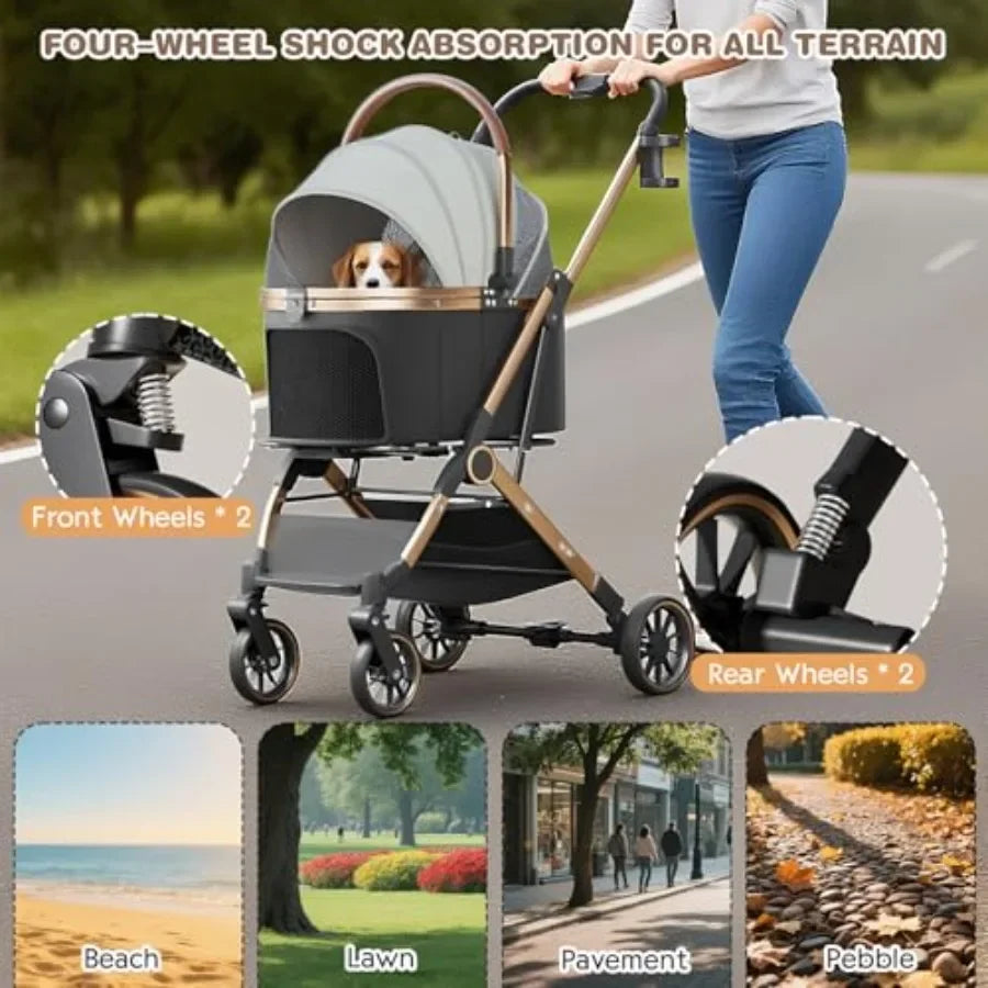4 Wheels Pet Stroller for Small Medium Dogs Cats Up to 45 lbs Folding Dog Stroller with Detachable Breathable Carrier Suitable
