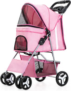 4-Wheel Pet Jogger Stroller with Cup Holder & Storage Basket - Travel Pushchair for Small & Medium Dogs & Cats