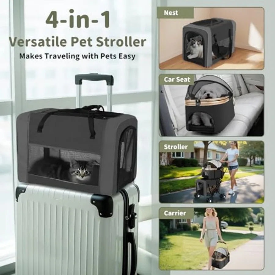 Double Pet Stroller for Dogs and Cats: Dog Stroller Foldable Travel Carriage with Detachable Carriers, Safety Belts, and 4 Lock
