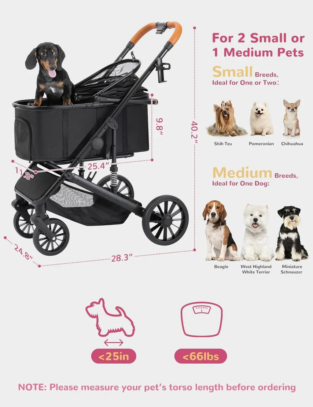 4-Wheel Folding Pet Stroller for Small to Medium Dogs & Cats, Up to 60lbs, with Detachable Carrier & Storage Basket