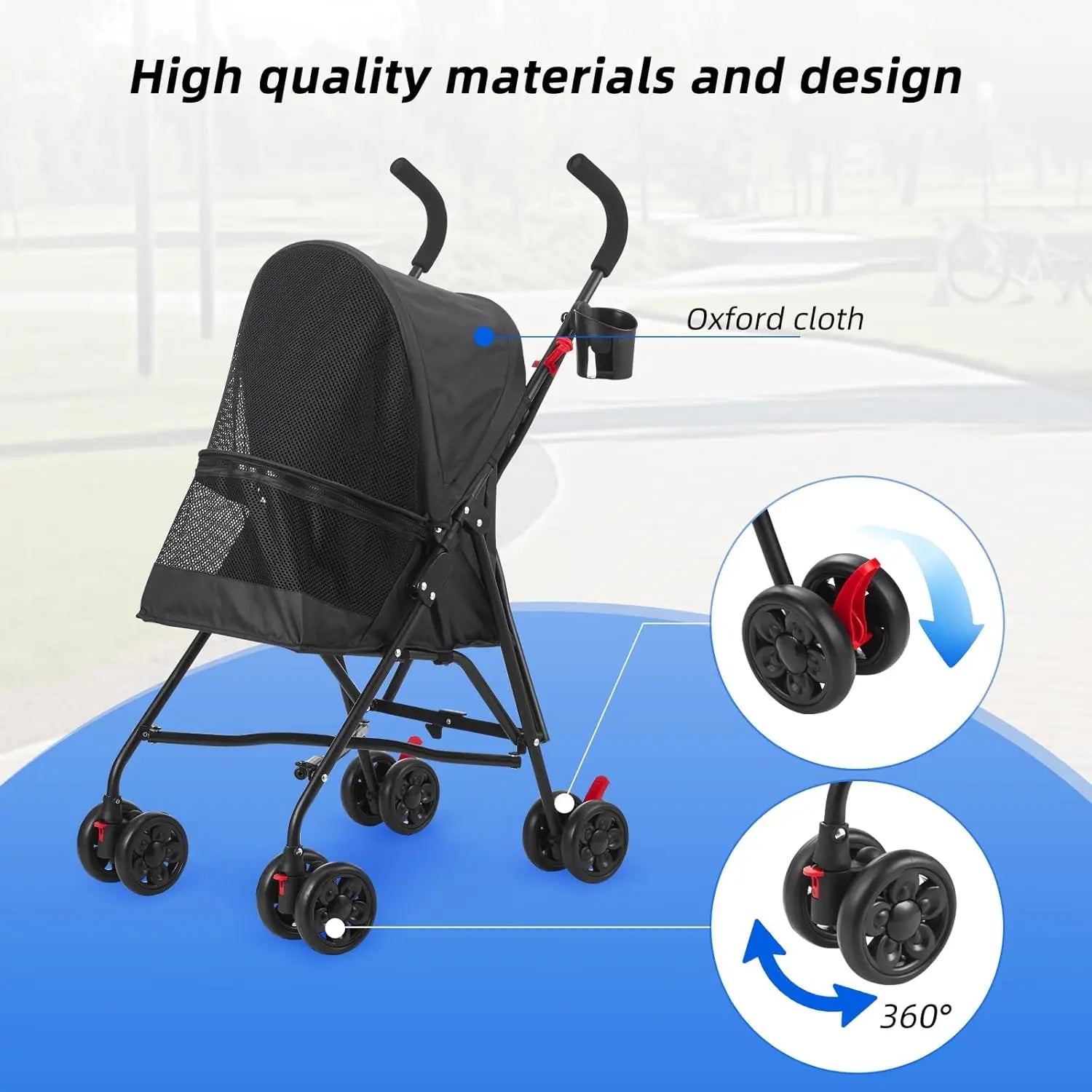 Pet Travel on All Road Surfaces with Oxford Cloth Material, Black, Foldable, Wide-View Window and Brakes