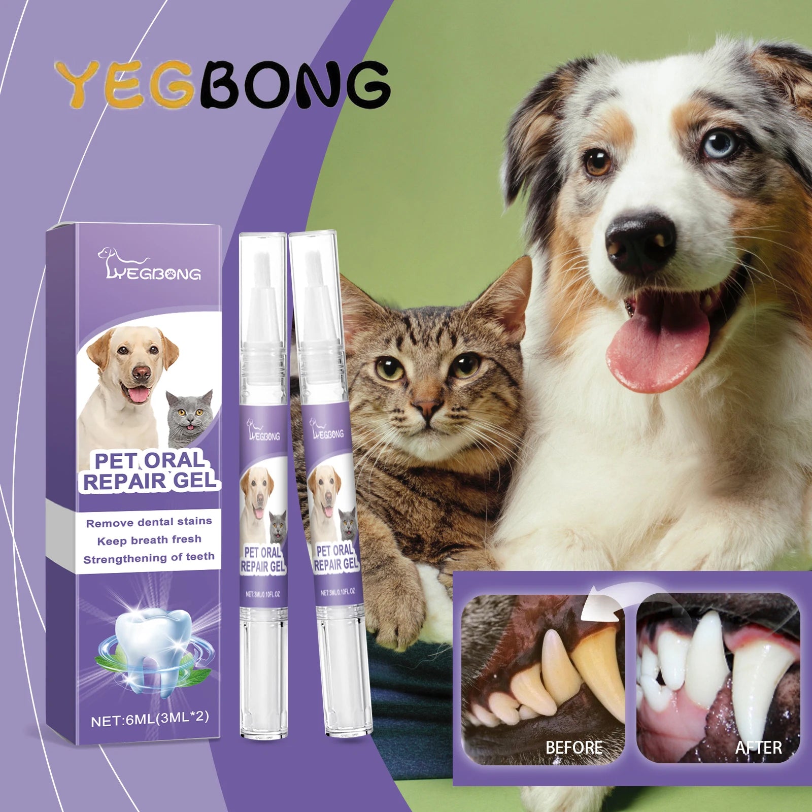 YEGBONG 2PCS Pet Oral Care Gel Bad Breath Freshening Tartar Control Gentle Cleaning Vet Recommended for Dogs Cats All Breeds