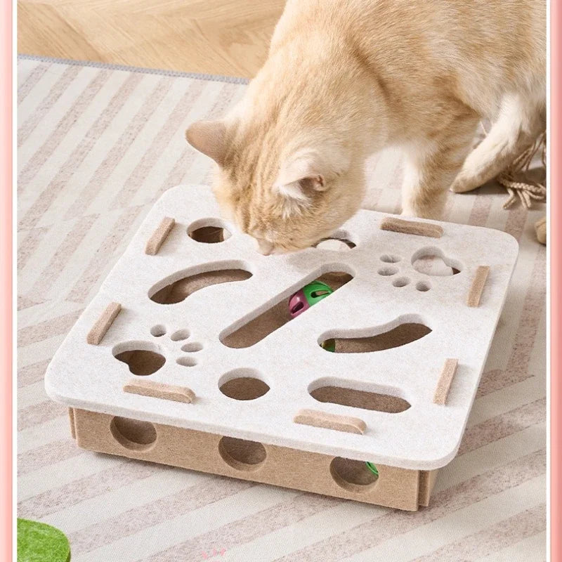 Felt Puzzle Box Cat Exercise Toy with Rolling Ball — Indoor Hunt & Dig
