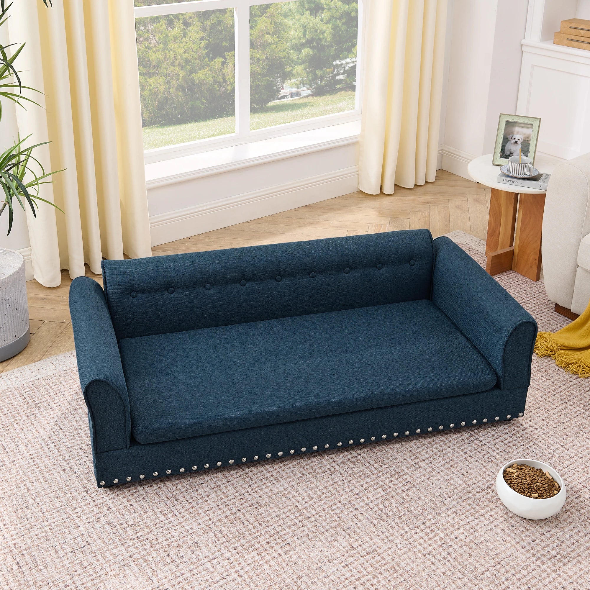 Oversized Linen Pet Sofa Bed with Backrest for Large Dogs (Dark Blue)