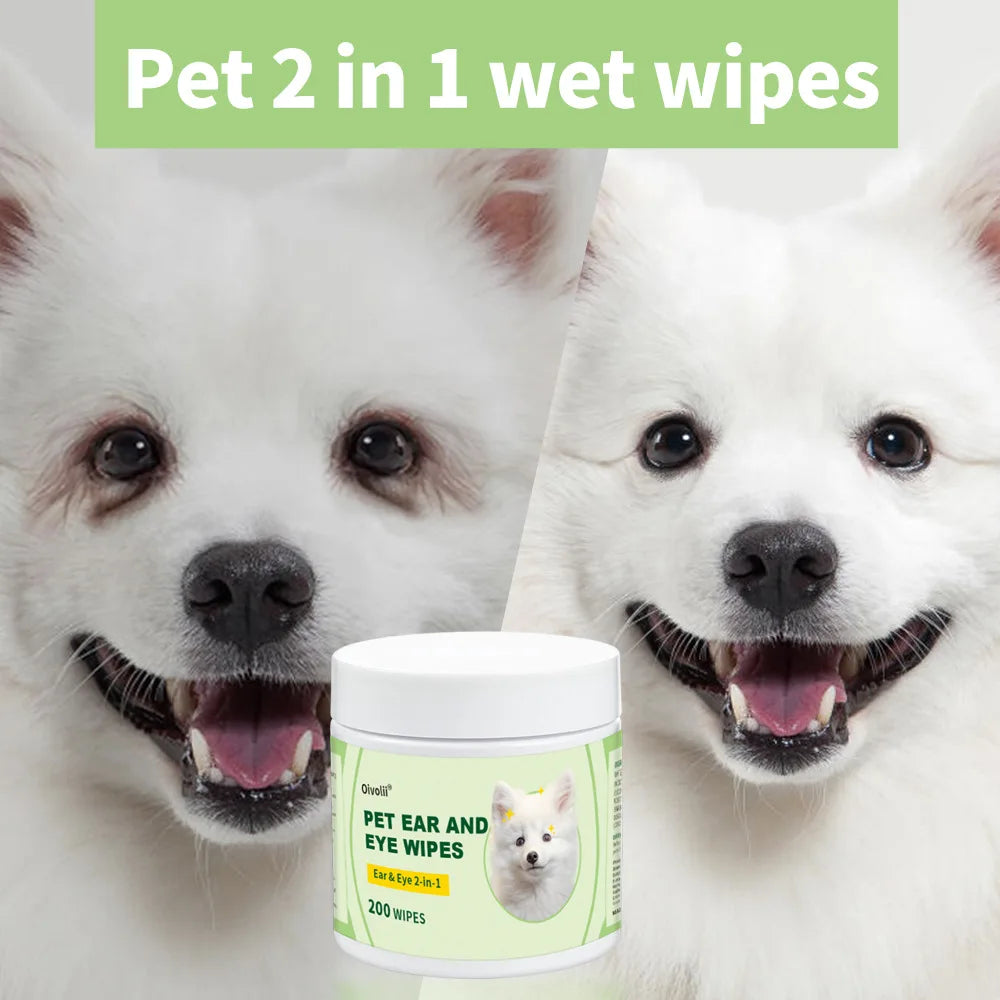 2-in-1 Pet Ear and Eye Wipes, 200 Count Mild Formula,Gentle Cleaning for Dogs and Cats Mite Removal Cat and Dog Ear Eye Cleaning