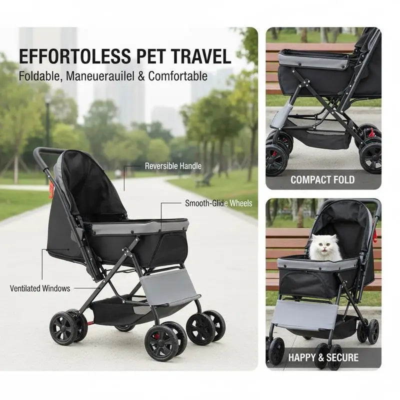 Pet Travel Carriage 44 lbs Capacity For Parks Shopping Trips Outdoor Walking, Foldable 4 Wheels Mesh Windows Reversible Handle, Portable Carrier Brake Mechanism Small Medium Pets