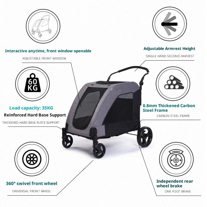 STLFHeavy Duty Pet Stroller Large Dog Cart Max Load 60KG 132lbs Folding Carrier Wagon Pram for XL Dogs Outdoor Travel Grey