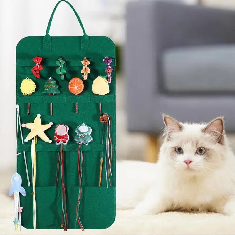 Pet Toy Storage Bag Organizer — Cat Stick, Catnip & Interactive Toy Holder with Grooming Comb Pocket