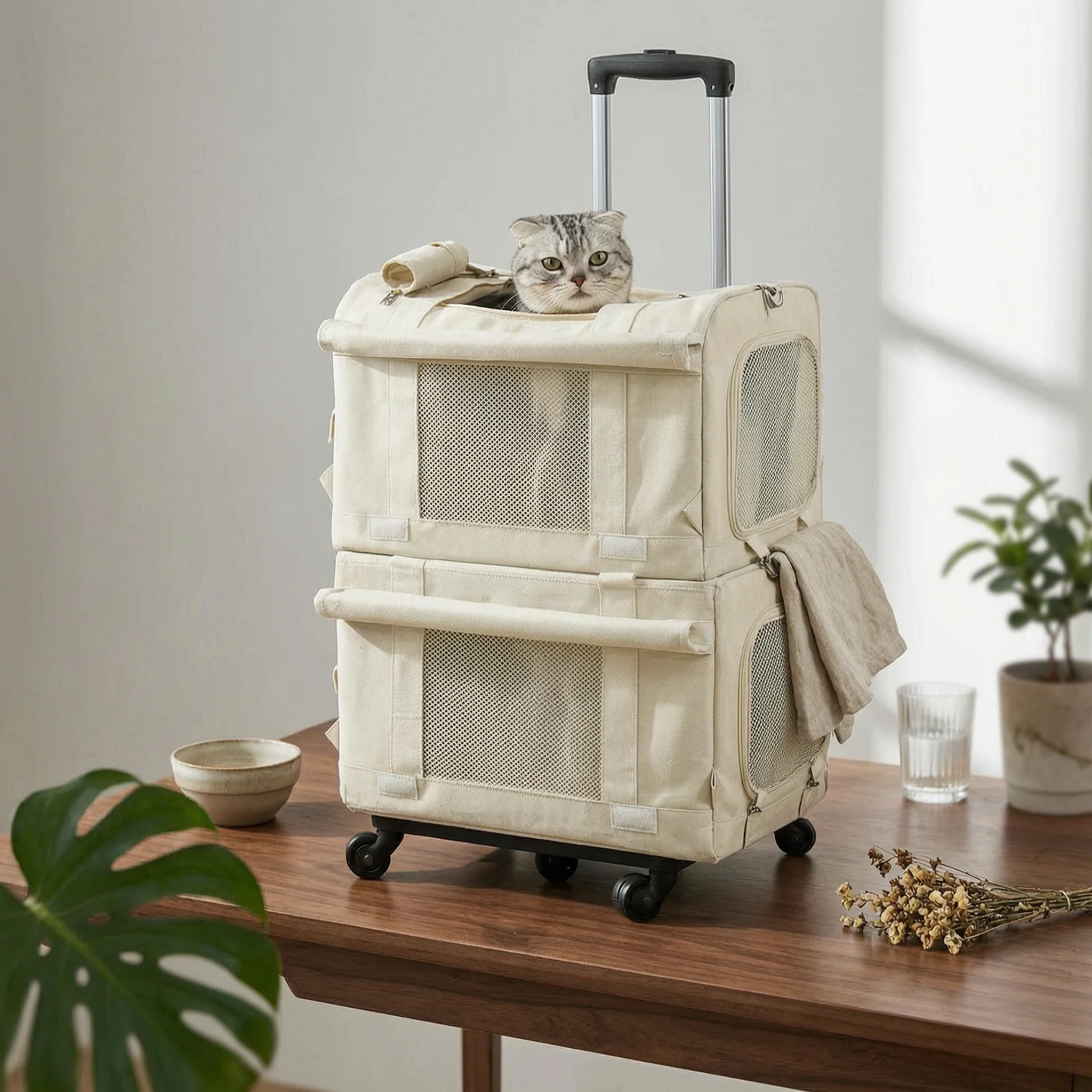 Wheeled Pet Carrier Breathable Rolling Trolley Bag Portable Transportbox for Travel and Veterinarian Visits