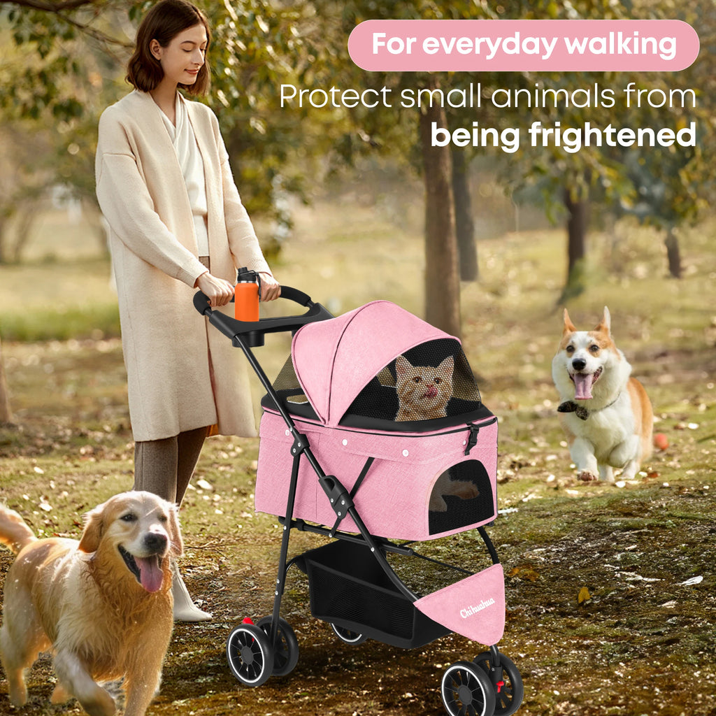 Pet Stroller for Small & Medium Dogs Cats Foldable Stroller with Breathable Mesh Storage Basket  Cup Holders  Travel Pet Carrier
