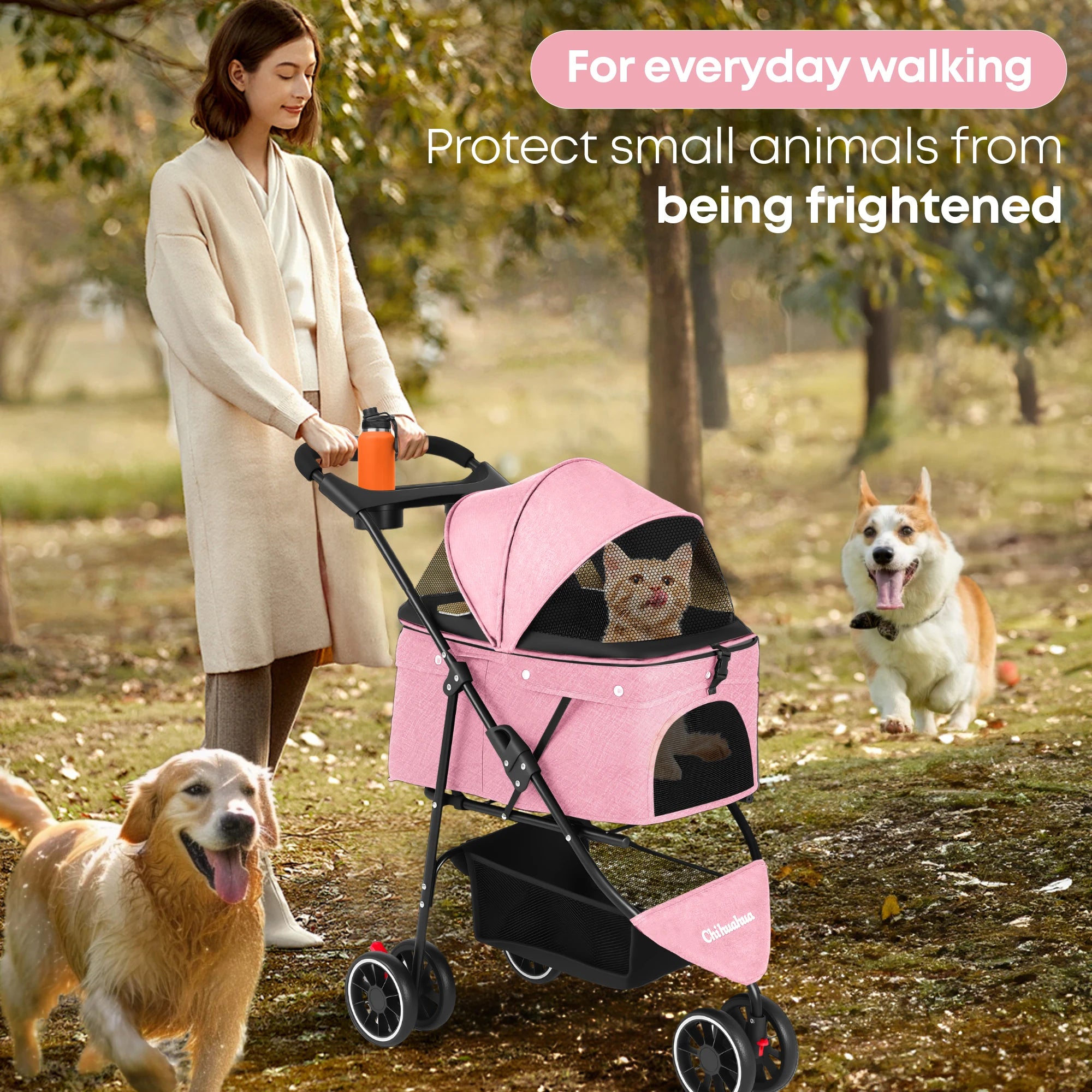 Pet Stroller for Small & Medium Dogs Cats Foldable Stroller with Breathable Mesh Storage Basket  Cup Holders  Travel Pet Carrier