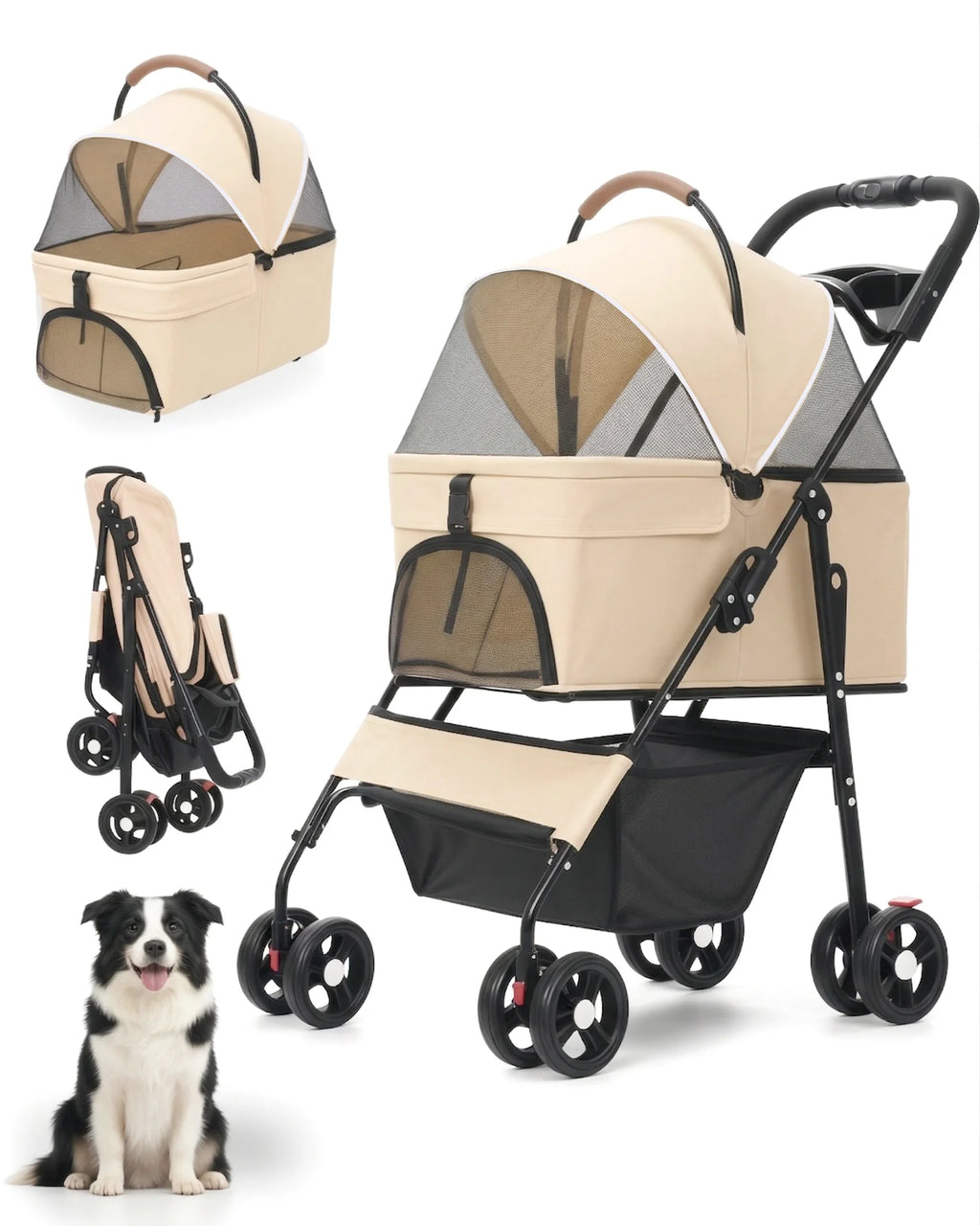 Detachable Dog Stroller 2-in-1 Pet Carrier & Stroller Foldable Lightweight 4 Wheel for Small Dogs Cats Portable Travel Pet Pram
