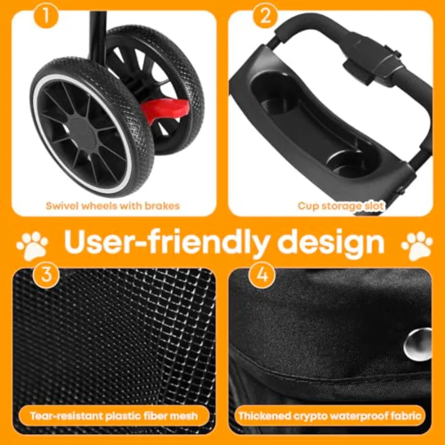 Pet Stroller, Dog Stroller for Small Medium Dogs Cats, 3 Wheels, Foldable, with Breathable Mesh Canopy, Cup Holders, Easy Assem