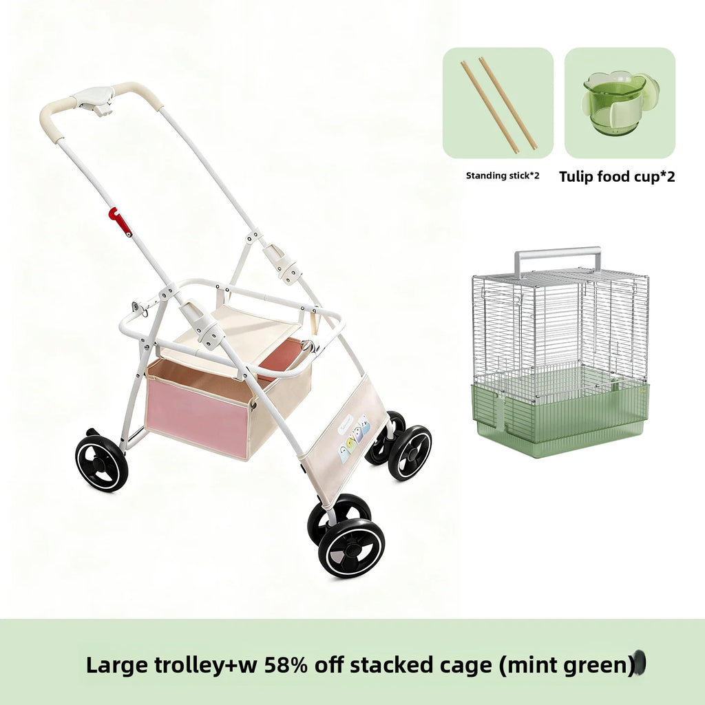 Foldable Lightweight Pet Stroller for Parrots Dogs Cats Outdoor Travel Carrier with Storage Space Portable Pet Transport Cart