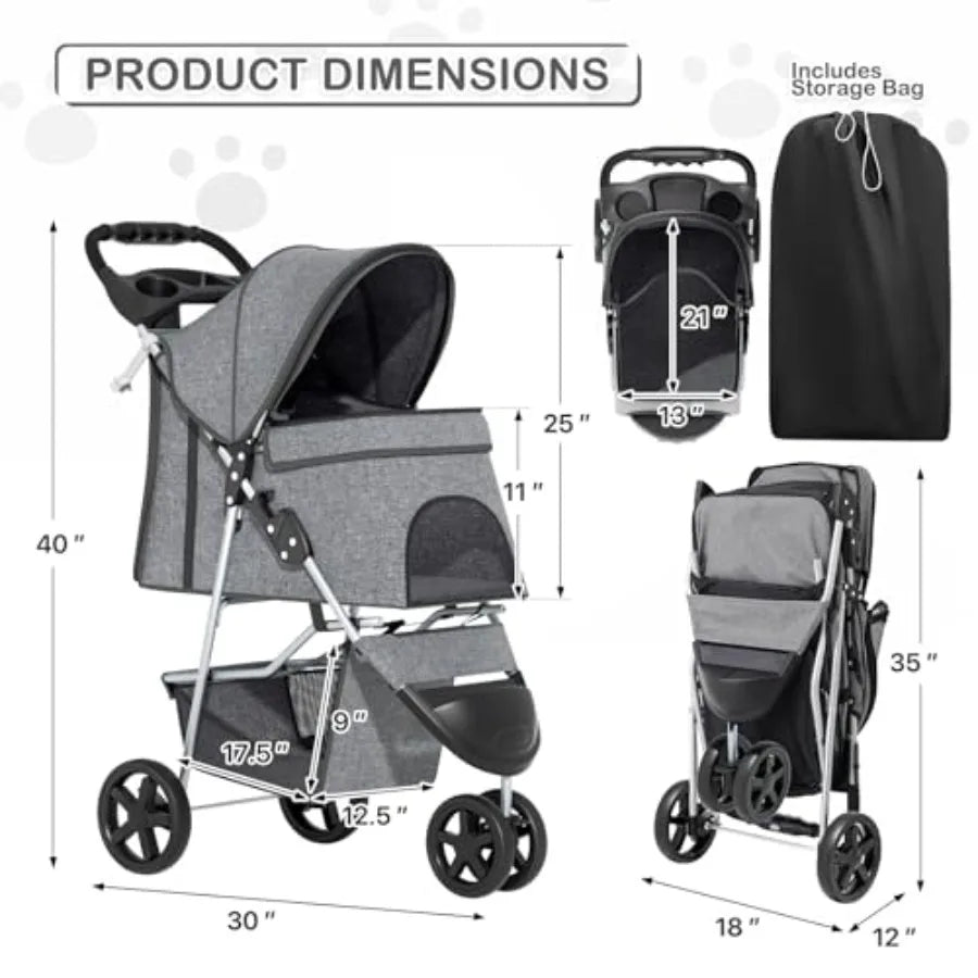MoNiBloom 3 Wheels Pet Dog Cat Stroller for Small Medium Dogs and Cats, Lightweight Foldable Jogger Stroller w/Storage Basket a