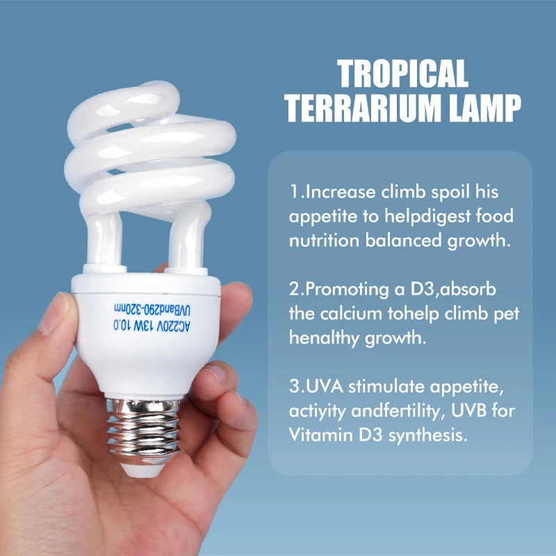 13W/26W 220V Pet Reptile Heating Lamps 5.0 10.0 UVB Heat Lamp Amphibian Vivarium Tortoise Turtle Snake Energy Saving Lighting