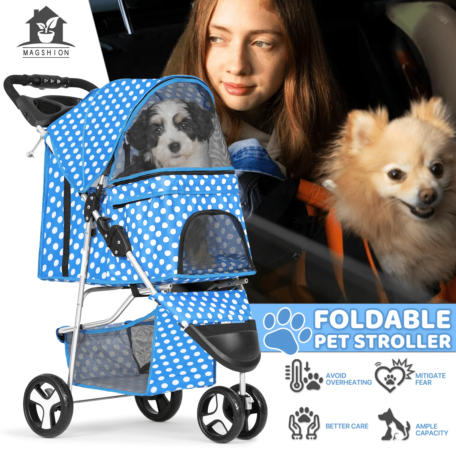 Magshion 3 Wheels Pet Dog Cat Stroller for Small Medium Dogs Cats, Foldable Jogger Stroller w/Storage Basket and Cup Holder