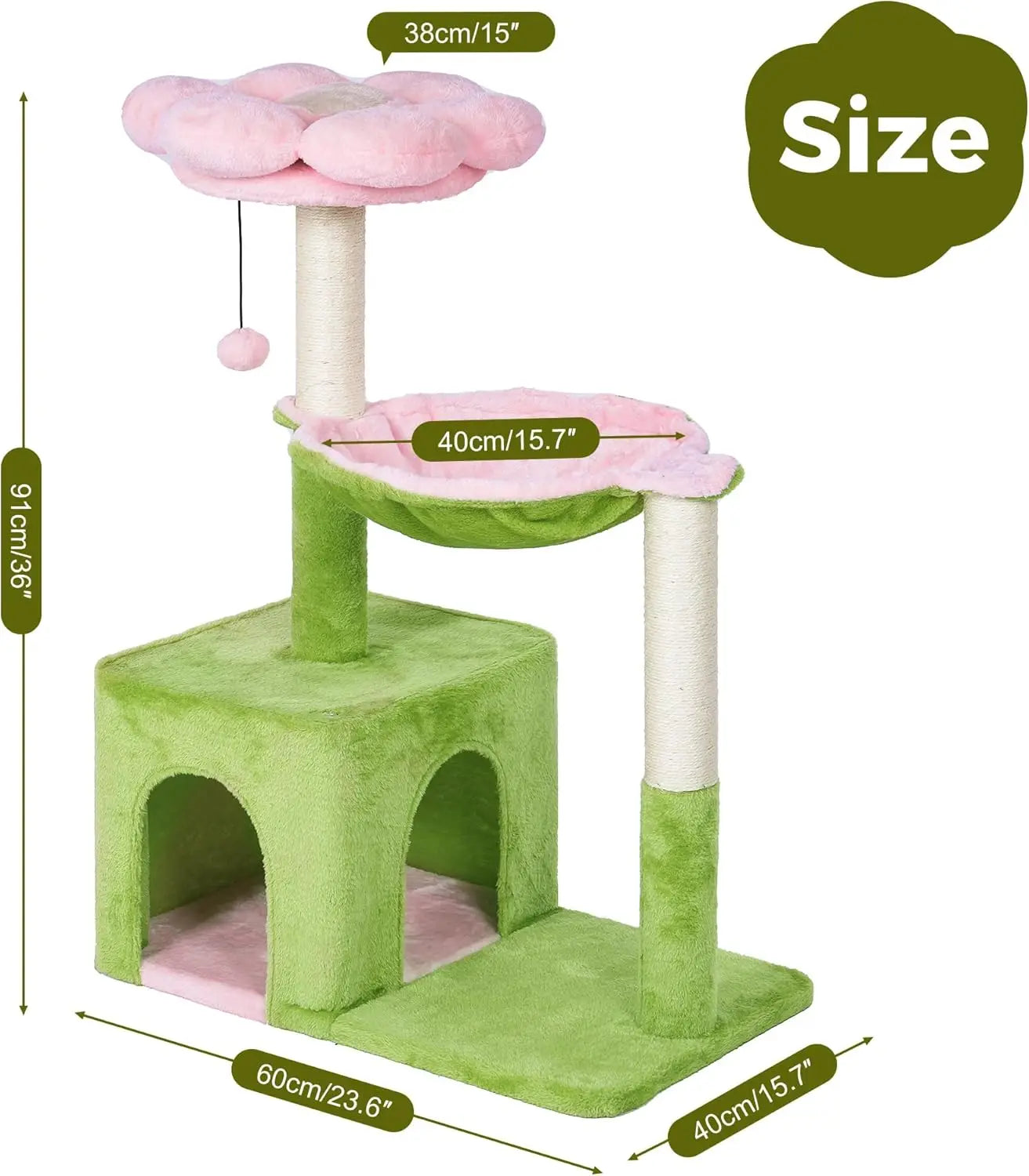 34in Cat Tree with Hammock & Wide Condo for Large Cats (Pink/Green)